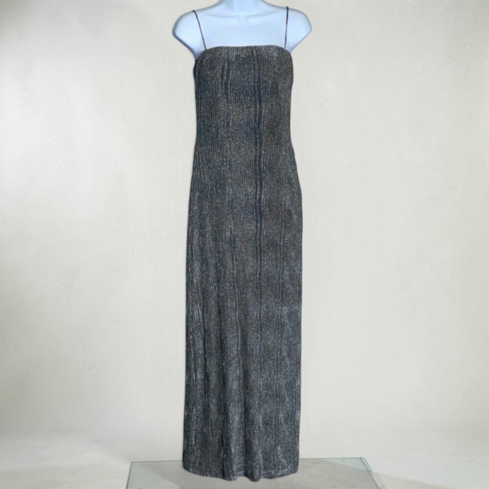 Vintage Y2K Metallic Slip Dress Silver Blue Maxi Bodycon 90s Minimalist Size 2